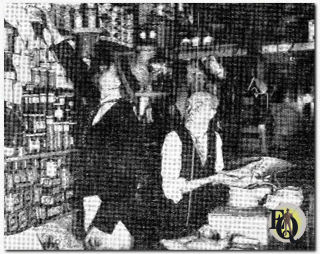 Parker Fennelly and Arthur Allen enacting their roles as "The Stebbins Boys" John and Esley in their general store.