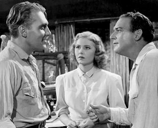 In Crime of Dr. Hallet (1938) two future Ellery Queens played opposite each other. Ralph Bellamy (L) in an argument with William Gargan (R). Josephine Hutchinson looks on.