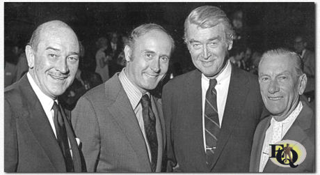Standing here (L to R) Lee Bowman, Henry Mancini, Jimmy Stewart and Hoagy Carmichael at a salute to Hoagy Carmichael, in Los Angeles, sponsored by the Indiana University Alumni Association, 1973.