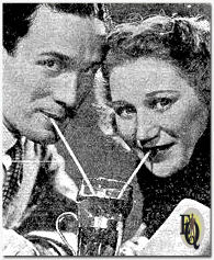 Tete a tete: Carleton Young and Dorothy Lowell get their heads together over a cooling drink. Carleton plays the home town boy who is courting Dorothy in "Our Gal Sunday" (1937)
