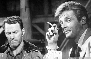 Richard Coogan and Roger Moore in "Maverick" "Thunder from the North", November 13, 1960