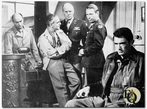 One of the rare scenes from "Twelve O’Clock High" (20th Century Fox, Dec 21. 1949) with Larry in it. A battle-fatigued Gregory Peck (R) with looking on (L-R) Lawrence Dobkin, Paul Stewart, Dean Jagger and Gary Merrill.