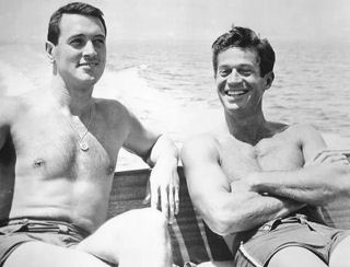 George Nader with pal Rock Hudson on Lake Arrowhead (50s)