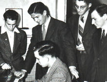 George Nader (standing behind piano player) was 20 when this candid photo was snapped at the Phi Gamma Delta Fraternity house in Occidental College.