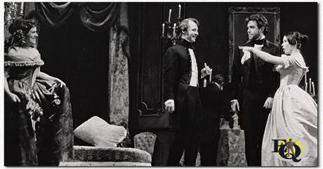 an Miner, John Hillerman, John Stride and Susan Strasberg in the stage production "Lady of the Camellias" (Winter Garden Theatre, Mar 20. - 30. 1963).