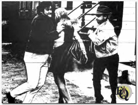 Ralph Strait (L), Jane Singer and John Hillerman of the Washington Theater Club stage the opening scene in a mugging and purse theft. This mugging scene planned for a poster, and radio and television anti-crime commercials.("Geneva N.Y. Daily Times", 1968)