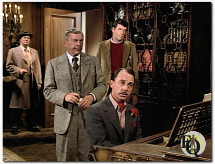 John Hillerman at the piano in "Ellery Queen" (NBC, 1975 - 1976), with (L-R) Tom Reese (Sgt.Velie), David Wayne (Inspector Queen) and Jim Hutton (Ellery).