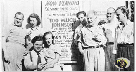 Howard Smith, Mary Wickes, Orson Welles, Virginia Nicolson, William Herz, Erskine Sanford, Eustace Wyatt and Joseph Cotten outside the Stony Creek Theatre during the two-week run of the Mercury Theatre stage production of Too Much Johnson (August 16–29, 1938) 