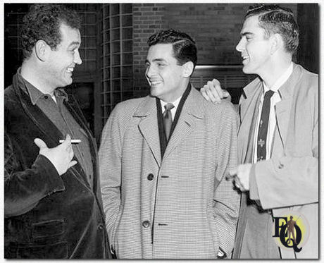 Arch Johnson, David Hedison and John Lee chat between scenes during filming of "The Big Story" episode "Follow the Leader" (NBC, Mar 2. 1956) in Justin, Texas.
