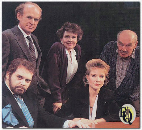The off-Broadway play "Other Peoples Money" (Minetta Lane Theatre, Feb 7. 1989 - Jul 4. 1991) with (L-R, sitting) are Kevin Conway and Janet Zarish; (L-R, standing) James Murtaugh, Scotty Bloch, and Arch Johnson.