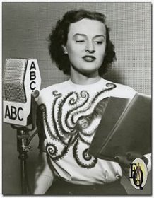 Kaye Brinker in an ABC promotional photo taken before May 1948. The silk jersey blouse with the hand-painted octopus was made for her by her sister-in-law, Rena S. Lee, designer.