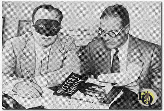 Ellery Queen (still in full Barnaby Ross/Ellery Queen mode) with publisher Sidney M. Biddell (R) whilst signing the first copy of the magazine (Oct 1933)