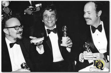 William Link, Peter Falk, and Richard Levinson receiving the Golden Globe, 1972 (Photograph, Hollywood Foreign Press Association).