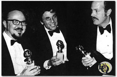 William Link, Peter Falk, and Richard Levinson receiving the Golden Globe, 1972 (Photograph, Hollywood Foreign Press Association).