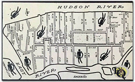 Map of Manhattan as found in "Cat of Many Tails" (Bantam) clearly depicting the places where the bodies of the victims were found.