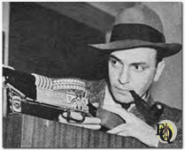 Labeling this toy machine gun "Gang Busters" made it natural for exploitation in a war-conscious world. Louis Marx, Inc. New York sold 350,000 at one dollar each. Operating here is Santos Ortega of the cast of "Gangbusters" (1936-1940)