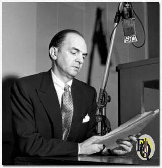 View inside the radio studio during a performance of City Hospital on CBS radio (1951-1958). Santos Ortega.