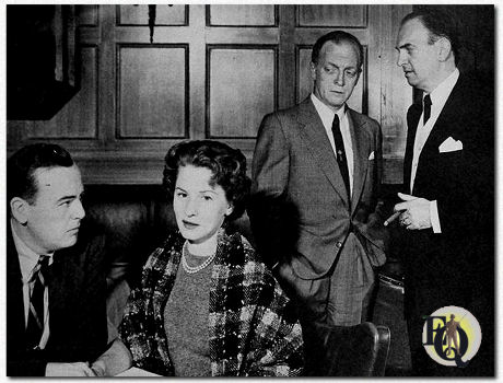 "This is Nora Drake" was heard over CBS radio (April 1954). Pictured here in their radio roles, are Bill Quinn as Fred Molina, Joan Tomkins a Nora Drake, Everett Sloane as Lee King, and Santos Ortega as Dan Welch.