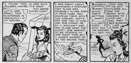 Original panel for the "Our Secret" story "Kiss and Tell" (1950). In the first panel you can see the original usage of the names "Ellery" and "Nikki". In the last panel some cut and paste work 'old style' to change "Ellery" into "Blake"