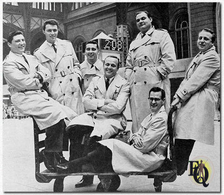 "The Swingin' 7 from 77! All aboard for the big bright sound of Radio WABC! Listen to the Big 7 from Channel 77 make big things happen with just Your Kind of Music! First Person Features and First Person News. The Sound of New York... Radio WABC." (L-R) Farrell Smith, Scott Muni, Bill Owen, Jack Carney, Herb Oscar Anderson, Charlie Greer and Chuck Dunaway.