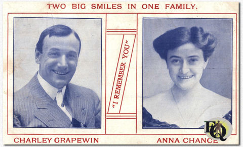 Voorzijde van een postkaart "I Remember You" met Charley Grapewin en Anna Chance, two big smiles in one family. (Rond 1906)