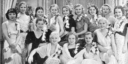 Back, left to right:  Toshia Mori, Boots Mallory, Ruth Hall, Gloria Stuart, Patricia Ellis, Ginger Rogers, Lillian Bond, Evalyn Knapp, Marion Shockley. Front left to right: Dorothy Wilson, Mary Carlisle, Lona Andre, Eleanor Holm, Dorothy Layton