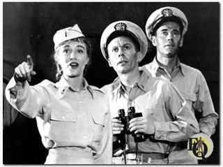 (L-R) Jocelyn Brando, David Wayne and Henry Fonda in the Broadway play "Mr. Roberts" (Alvin Theatre, Feb 18. 1948 - Jan 6. 1951). David Wayne played Frank Thurlowe Pulver, the precocious ensign.