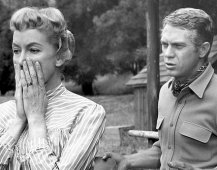 Steve McQueen as Josh Randall plead with Amanda Summers (Virginia Gregg) to permit him to take her critically ill son to a surgeon, over the objections of the lad's father in "Wanted Dead or Alive" (Sep 12. 1959) CBS.