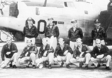 2nd Lt. Irving Pincus is pictured at the top right. As bombardier, he was a member of the James Pitt crew aboard a B-24 Liberator. The full crew consisted of a pilot, co-pilot, navigator, bombardier, engineer, radio operator, nose turret gunner, and three additional gunners. Gunner Russell E. Whitmore, who was killed during the second sortie, is the fourth man kneeling from the left. (514th Squadron).