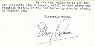 Fragment form a letter dated 16. September 1946 announcing the return of the Ellery Queen radio adventures...