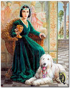 This painting of Lucrezia Borgia and her “Bratislavian Sheep Dog” was used in the storyline and as a prop in "The Shaggy Dog" (Disney, Mar 19. 1959). In September 1958 Nina Ramon put on an elaborate Renaissance gown and a jeweled tiara, took in her hand a golden chalice, and then, assuming a poisonous expression sat for her portrait by artist Rafael Montalboddi. This portrait was all that was seen of her in the movie.