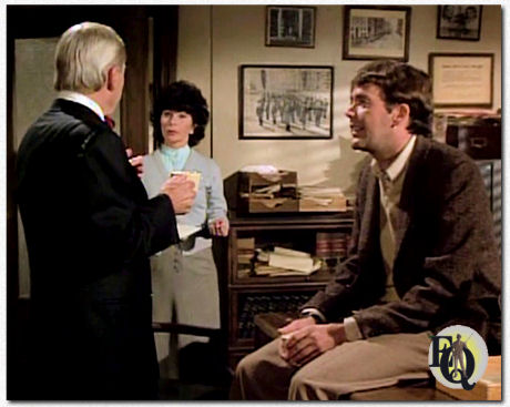 Nina Roman as Inspector Queen's secretary Grace with David Wayne (Inspector Queen) and Jim Hutton in "The Adventure of the Disappearing Dagger" (NBC, Apr 4. 1976). 