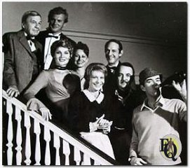 Pictured are David Wayne, Tab Hunter, Susan Stafford, Rosanna Huffman, William Schallert, Signe Hasso, John Hillerman and Jim Hutton during the episode "The Adventure Of The Black Falcon".