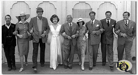 Stars and guest stars step into the 1940s, time setting for the who-done-it mysteries "Ellery Queen". They are (from left) John Hillerman, Anne Francis, series Star Jim Hutton, Ida Lupino, series star David Wayne, Susan Strasberg, Don Ameche, Craig Stevens and Jack Kelly. All appear in the episode "The Lover's Leap" (NBC-photo).