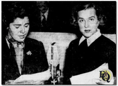 Radio listeners and critics in and out of Connecticut agree that Westport's Lily Lodge did a splendid job in her radio debut as a dramatic actress this week on the Mutual network, playing a leading role on "The Shadow". With Lily is Gertrude Warner, former Hartford girl, who played the other feminine lead. ("Sunday Herald", Dec 17. 1950) 